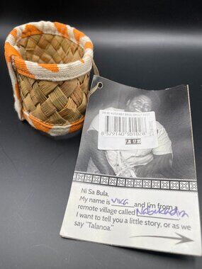 Fijian Woven Basket Cup bracelet w/ Tag, Orange & White Cloth, Hi Sa Bula